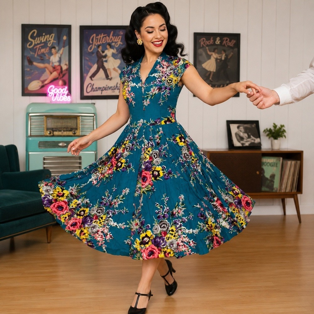 Trashy Diva Candice Gwinn Teal Floral Fit Flare Dress Rayon Size 4 Rockabilly